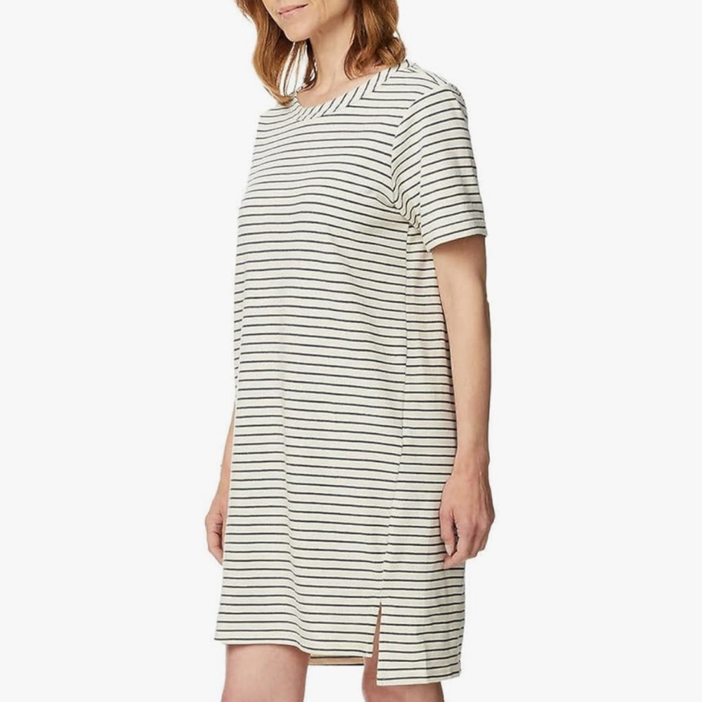 Buffalo David Bitton striped beige/moss round neck dress side slits NEW L 12-14